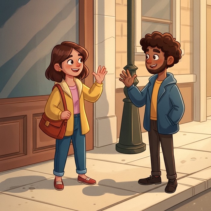Two cartoon strangers meeting on a sunny city sidewalk, one waving and smiling warmly while the other waves back, both about to start talking.