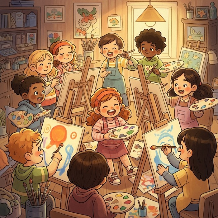 A cheerful cartoon art class where a group of diverse students paint together at easels, laughing and sharing brushes and colors.