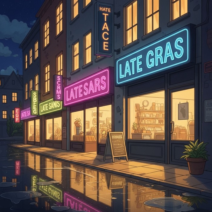 A row of glowing neon signs above late-night shops, bright pink and blue letters reflecting off the wet street below.
