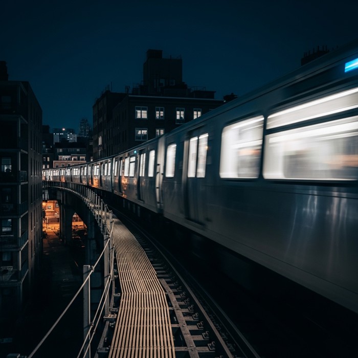 A brightly lit subway train rushing along an elevated night track, glowing windows streaking past dark quiet buildings.