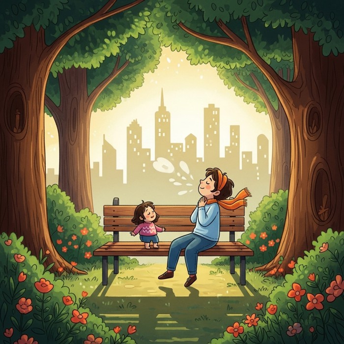 A peaceful cartoon person breathing deeply on a park bench surrounded by trees and flowers, tall city buildings visible in the distance.