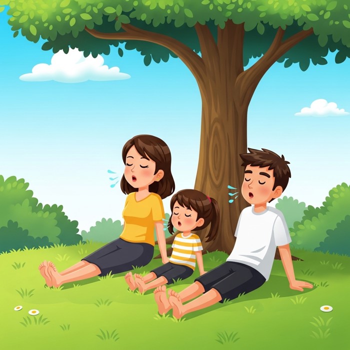 A cartoon family resting on soft green grass under a shady park tree, shoes off, sighing happily in the cool shade on a hot day.