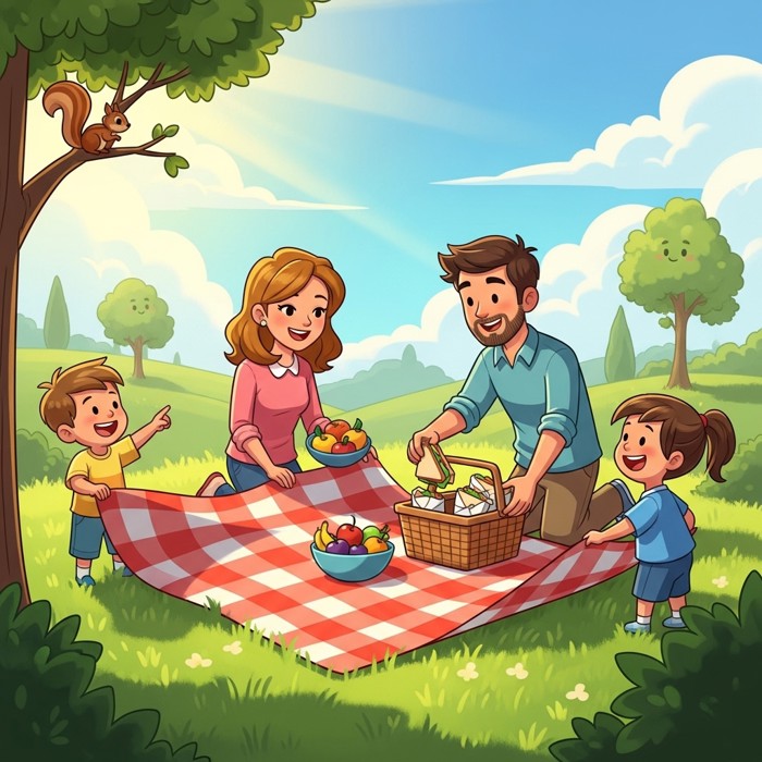 A cheerful cartoon family spreading a checkered blanket on the grass, unpacking a picnic basket of sandwiches and fruit on a sunny day.