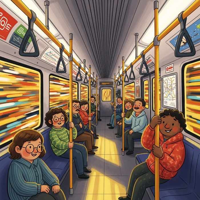 A bright subway train speeding through an underground tunnel, lights streaking past, passengers holding on to rails inside.