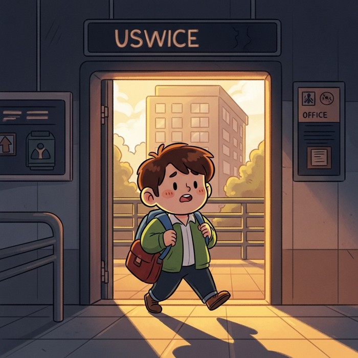 A relieved cartoon commuter walking out of a subway station exit into bright morning sunlight, heading toward their office building.