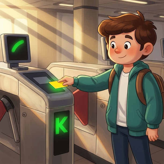A cartoon commuter tapping a bright yellow card against a subway gate, the gate light turning green and opening smoothly.