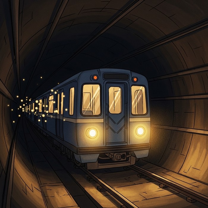 A subway train speeding through a dark tunnel, its headlights cutting through the darkness, tiny lights flashing past the windows.