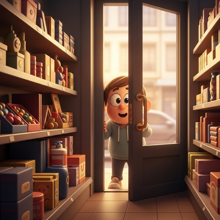 A curious cartoon shopper peeking through the door of a brand-new store, eyes wide with excitement at the colorful shelves inside.