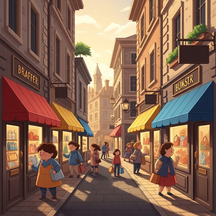 A narrow, colorful city street lined with small shop fronts, awnings in bright colors, and shoppers browsing window displays.