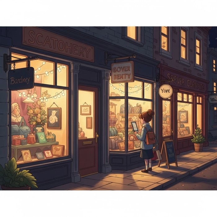 A dazzling row of shop windows glowing at night with bright signs, colorful displays, and twinkling lights catching a shopper's eye.