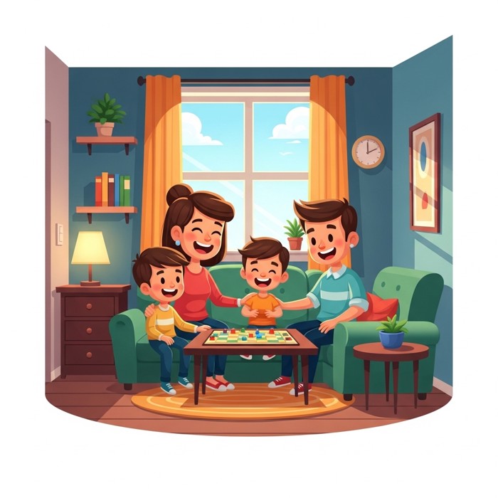 A joyful cartoon family sitting together in their small, cheerful apartment living room, laughing over a board game by a sunny window.