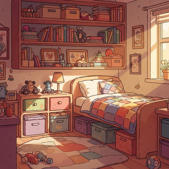 A cartoon room with clever built-in shelves and hidden storage boxes tucked under a bed, making the small space feel neat and organized.