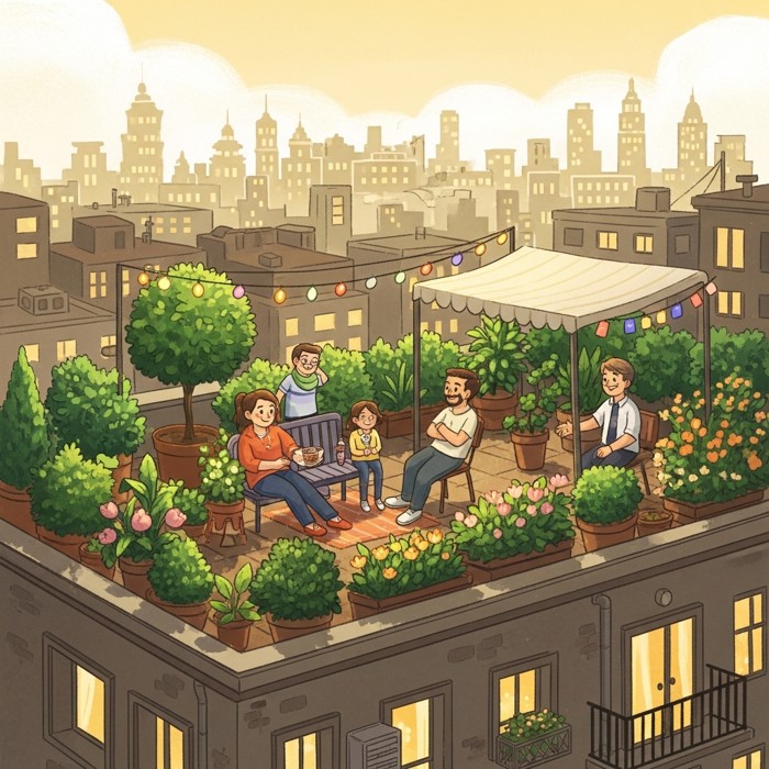 A cheerful rooftop garden atop an apartment building, neighbors relaxing among potted plants and small trees with the city skyline behind them.