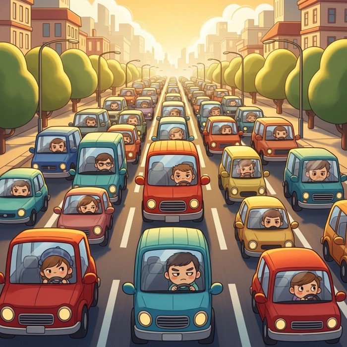 A wide city road packed bumper to bumper with cars and trucks, drivers looking impatiently out their windows at the jam.