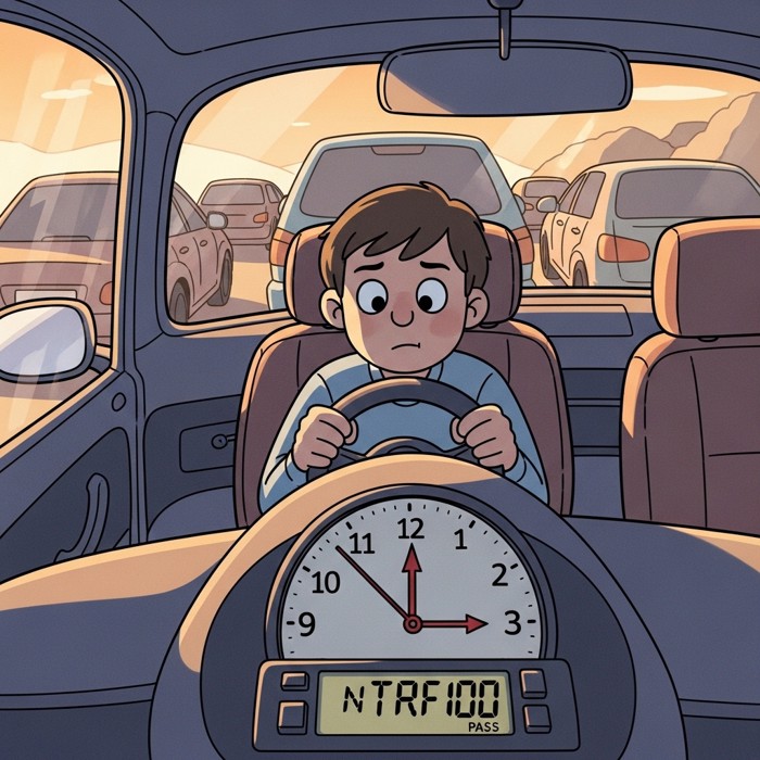 A cartoon driver sitting in a stopped car, checking a clock on the dashboard showing over an hour has passed in traffic.