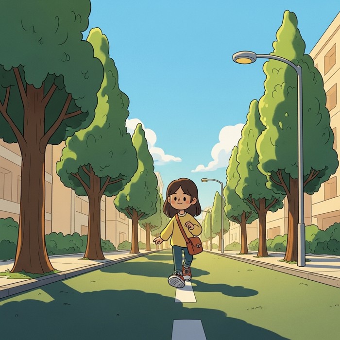 A joyful cartoon person walking down a clean, green city street, comfortable shoes on their feet, tall trees and blue sky above.