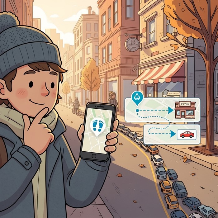 A cartoon commuter comparing routes on a phone, a footsteps icon reaching a nearby shop faster than a tiny car stuck in traffic on the same street.