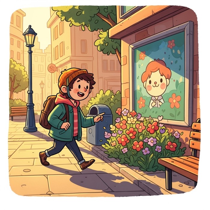 A cartoon walker pausing to admire colorful flowers and street art on a city sidewalk, noticing small details that drivers might miss.