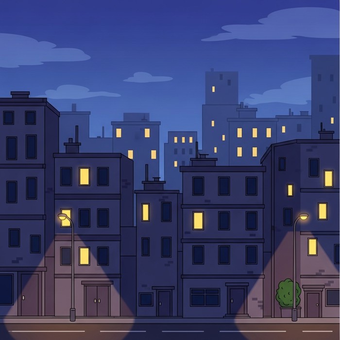 A peaceful cartoon cityscape at night with a few glowing windows and streetlights, showing quiet signs of life continuing softly until dawn.
