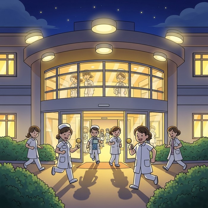 A bright hospital entrance glowing at night, cartoon night-shift nurses and doctors walking briskly inside under buzzing overhead lights.