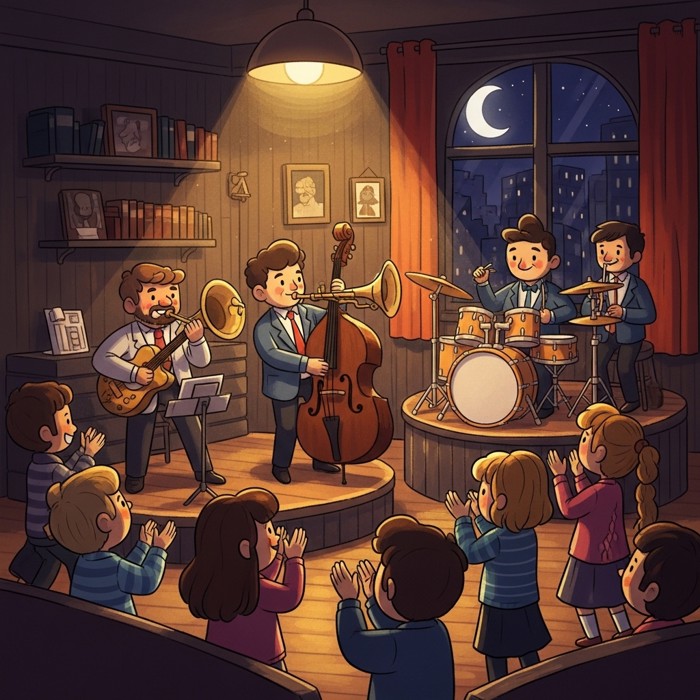A cartoon jazz band playing lively music inside a cozy, dimly lit nightclub, a small crowd clapping and dancing late at night.