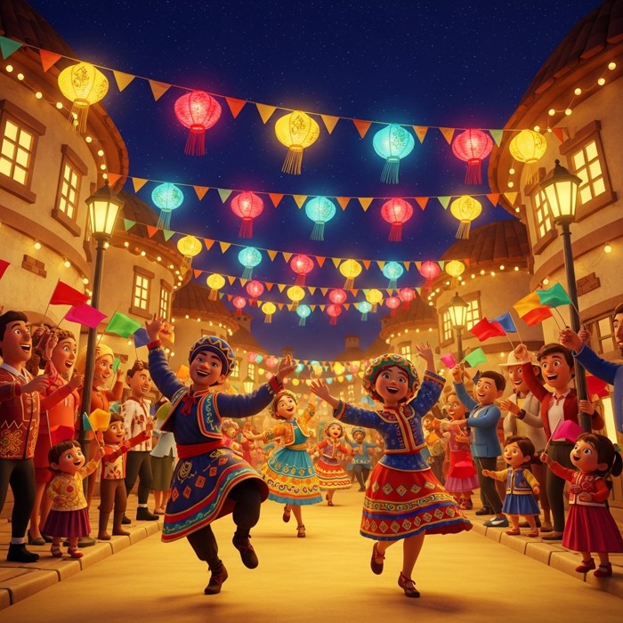 A joyful street festival with colorful paper lanterns, dancers in bright costumes, and a cheering crowd waving flags under a starry night sky.