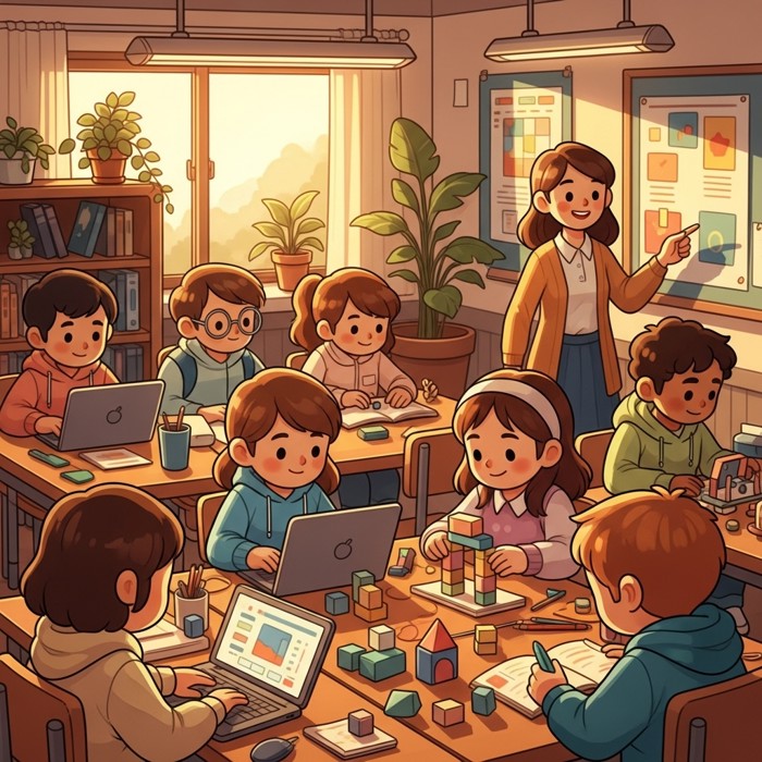 A bright classroom of diverse cartoon students, some at laptops and some building models, a friendly teacher pointing at a colorful chart on the wall.