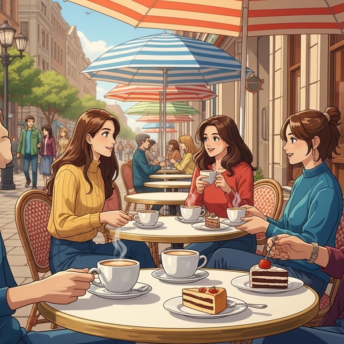 A lively city sidewalk cafe with striped umbrellas, friends sipping steaming coffee and eating slices of sweet cake at small round tables.