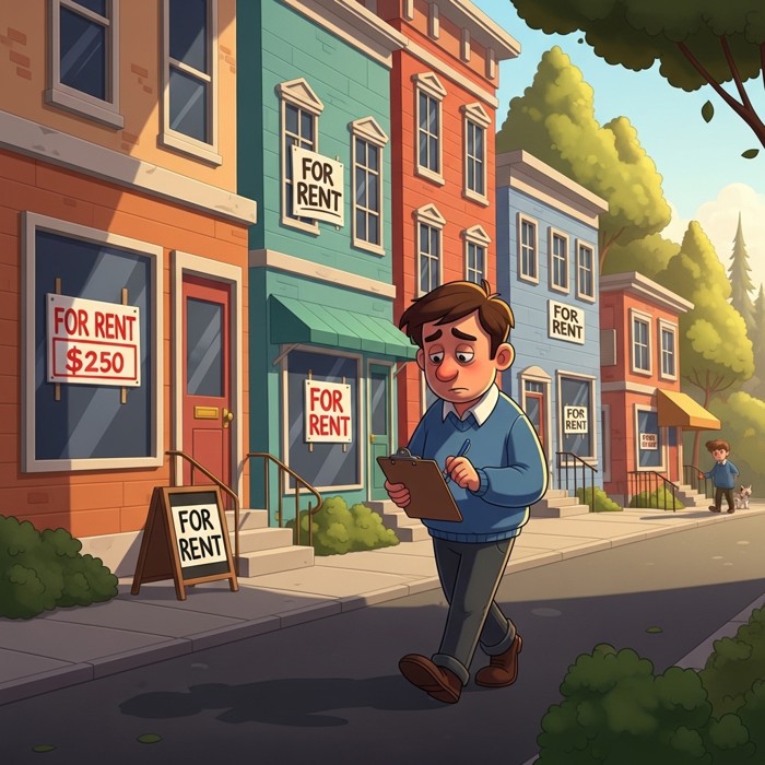 A tired but determined cartoon renter walking down a street lined with 'For Rent' signs, comparing prices on a clipboard.