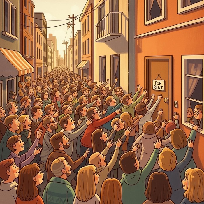 A crowded cartoon city street with dozens of people all reaching toward a single small 'For Rent' sign on one apartment door.