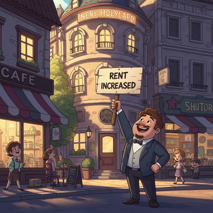 A cartoon landlord happily raising a 'Rent Increased' sign outside a newly popular, trendy apartment building surrounded by cafes and shops.