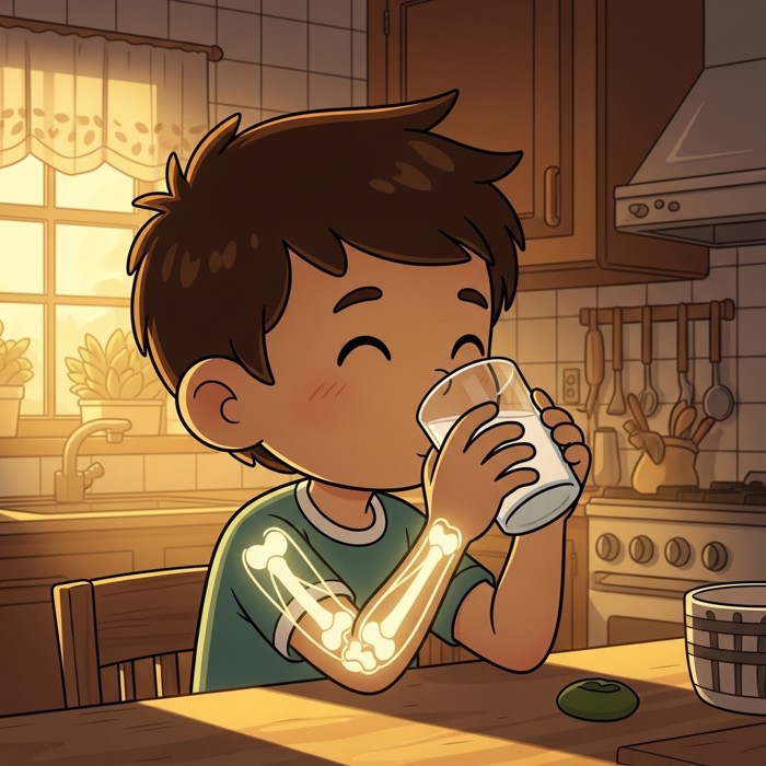 A cartoon child drinking a glass of milk with glowing bones visible inside their arm, cheerful kitchen background.