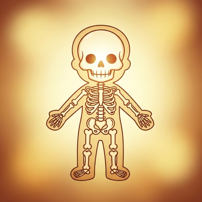 A cartoon body outline showing a full glowing skeleton standing inside, bright educational diagram style.