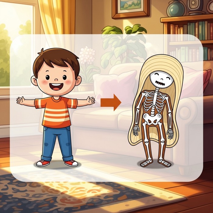 A cartoon body slumping like a floppy noodle without a skeleton, contrasted with a standing cartoon child, playful diagram.