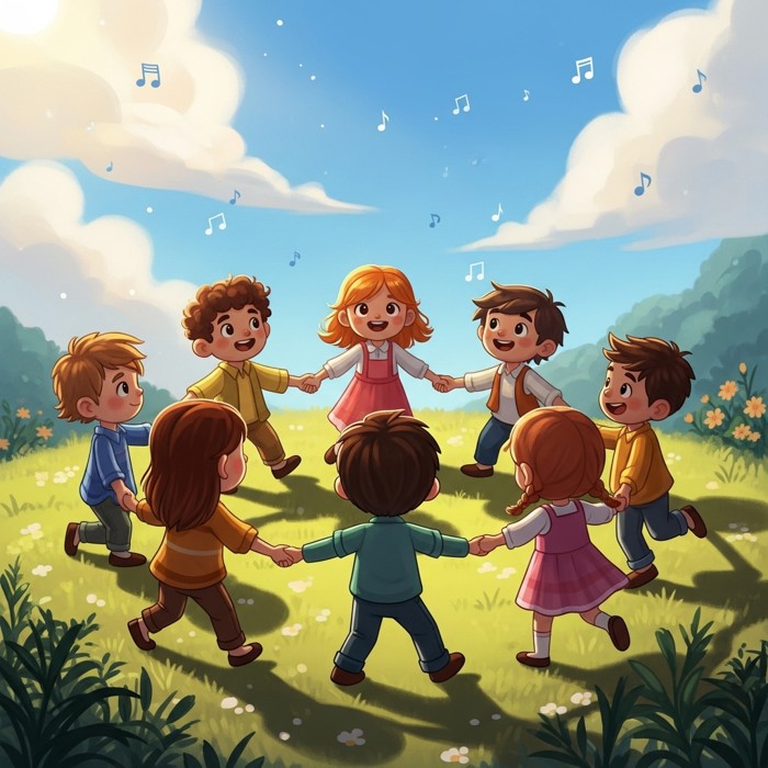 A group of cartoon children holding hands and dancing in a circle, singing happily under a sunny sky.
