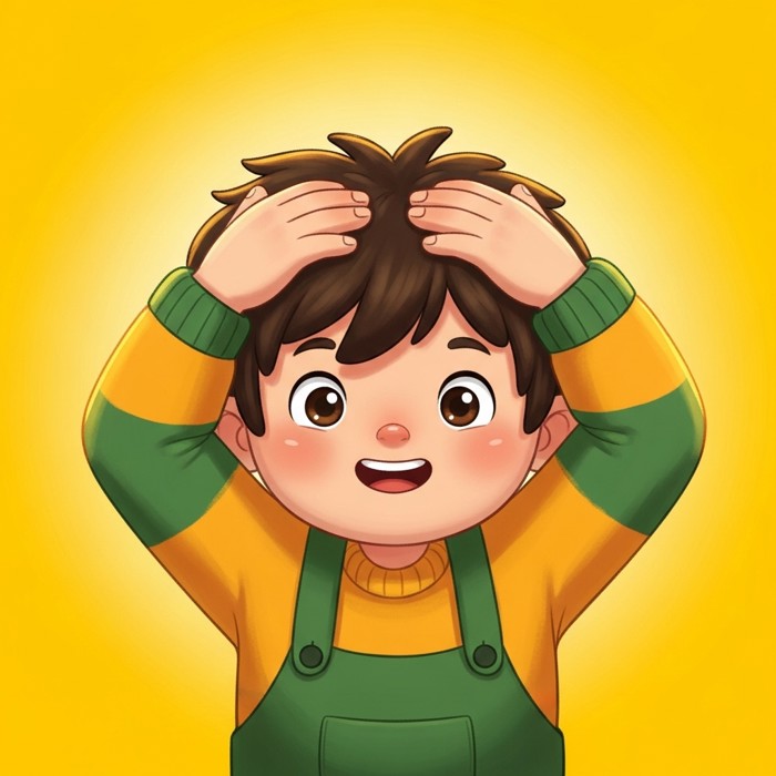A cartoon child placing both hands flat on top of their own head, cheerful expression, bright yellow background.