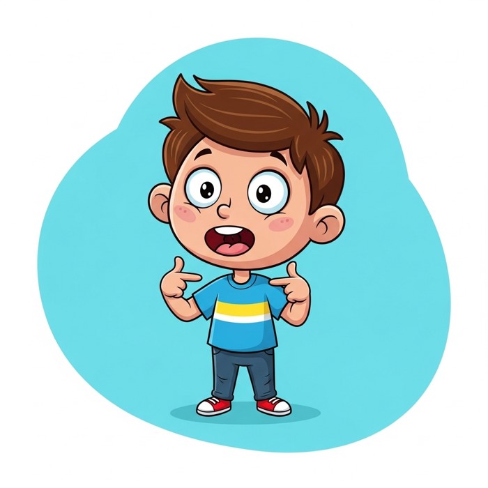 A cartoon child pointing at their own wide-open eyes with two fingers, cheerful expression, simple bright background.