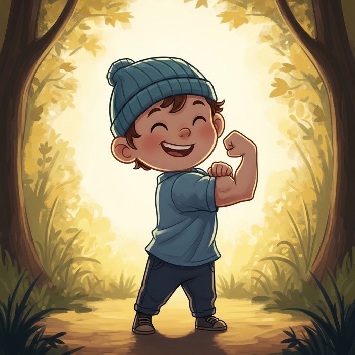 A short but strong cartoon child flexing a muscle proudly, big confident smile, bright background.
