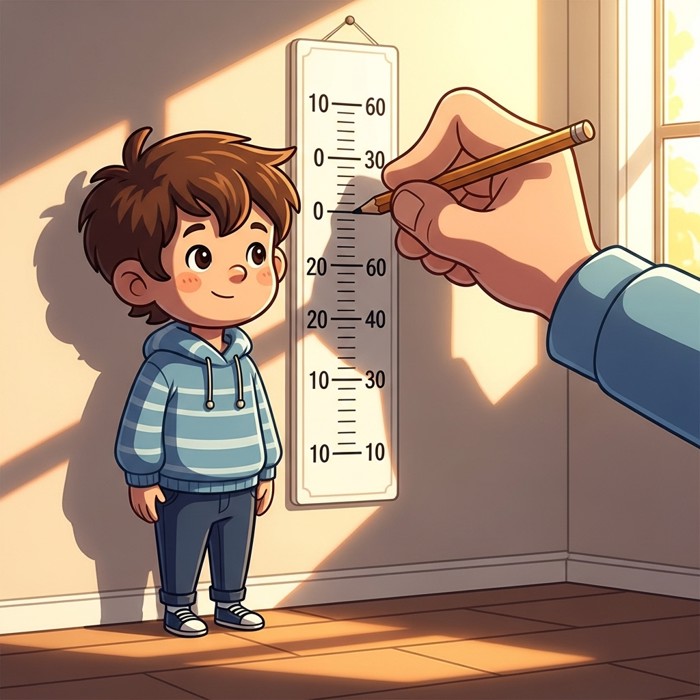 A cartoon child standing straight against a wall height chart, a friendly cartoon hand marking their height with a pencil, bright background.