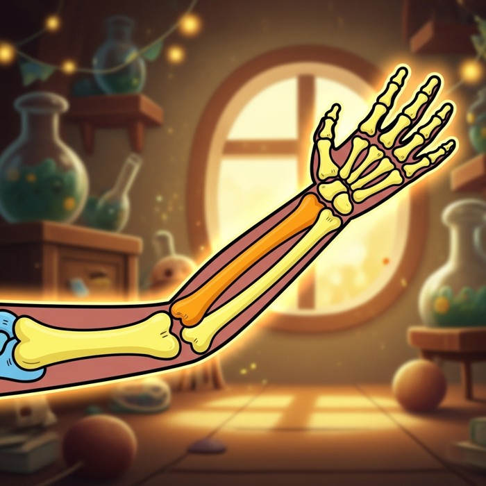 A cartoon skeleton arm shown stretching slightly longer over time, glowing bones, colorful diagram style.