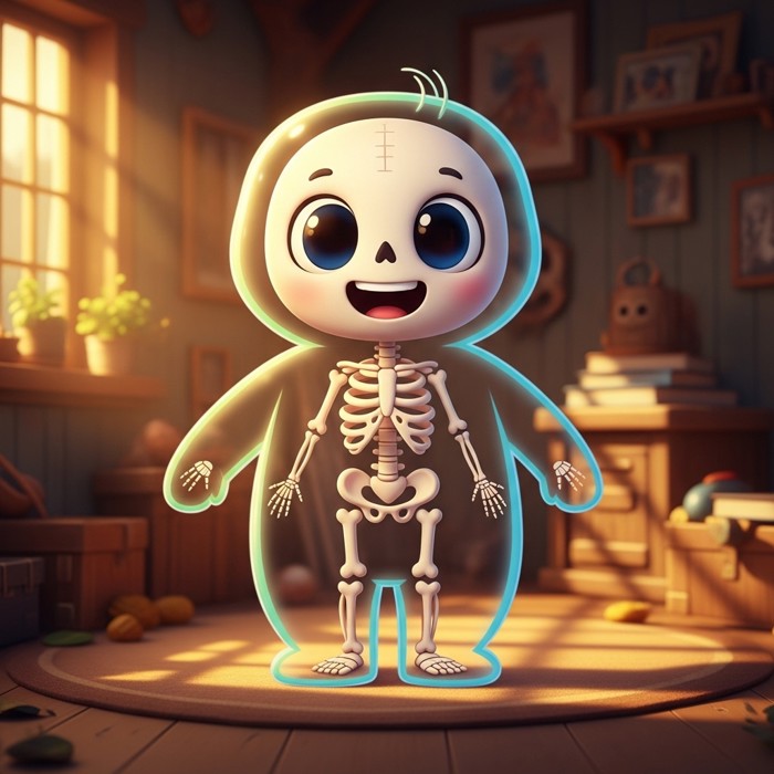 A simple cartoon skeleton standing upright inside a smiling cartoon body outline, bright educational poster style.