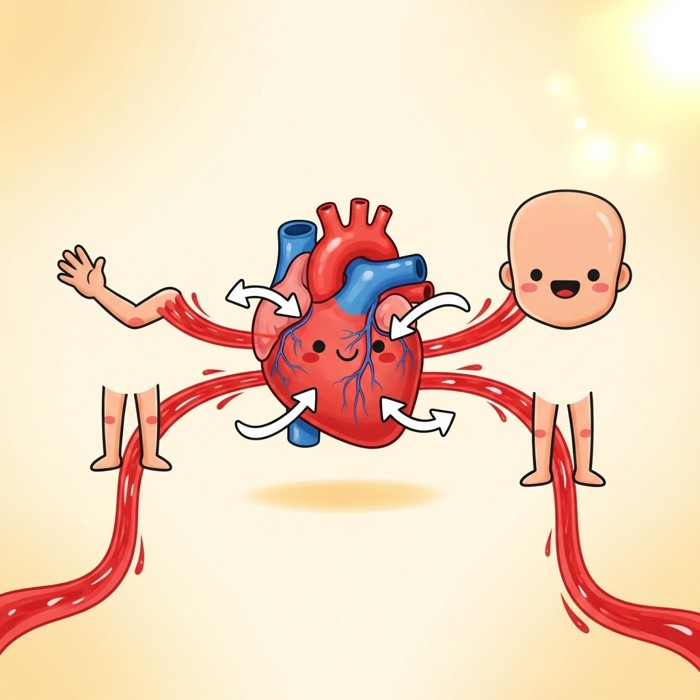 A cartoon heart with small arrows pumping red blood streams out to cartoon arms, legs, and head, colorful diagram style.