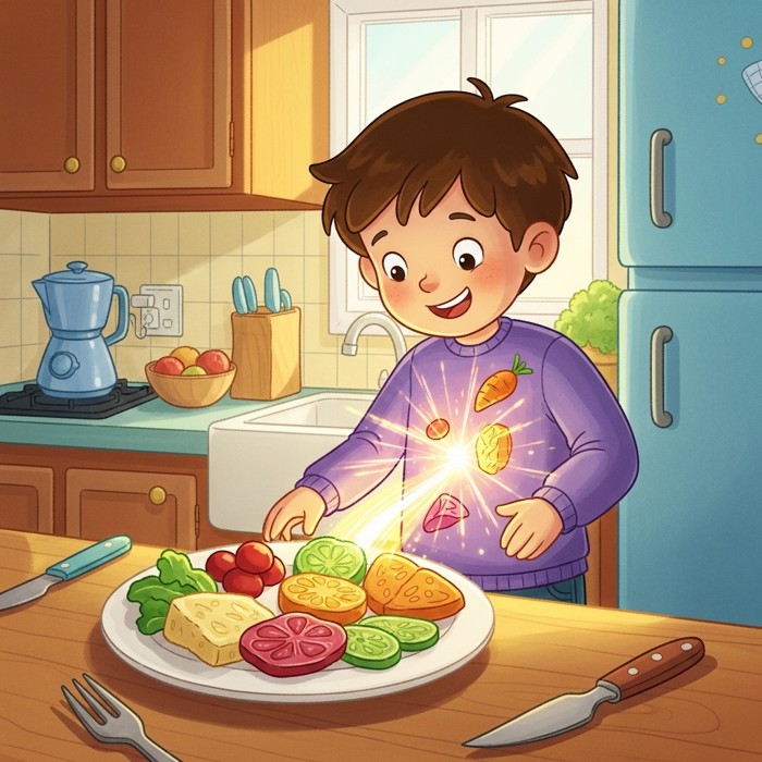 A cartoon plate of colorful food turning into a glowing spark of energy inside a cartoon child's body, bright kitchen background.