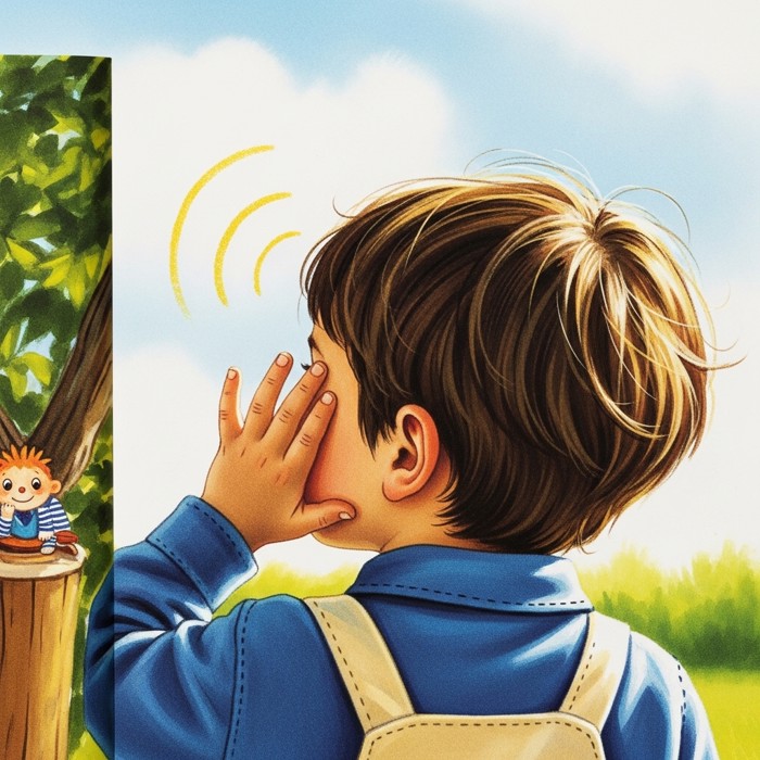 A cartoon child turning their head with both ears perked up, trying to find where a sound is coming from, bright background.