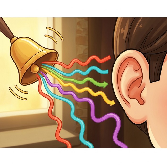Colorful wavy sound lines traveling from a ringing bell into a cartoon ear, close-up diagram style.