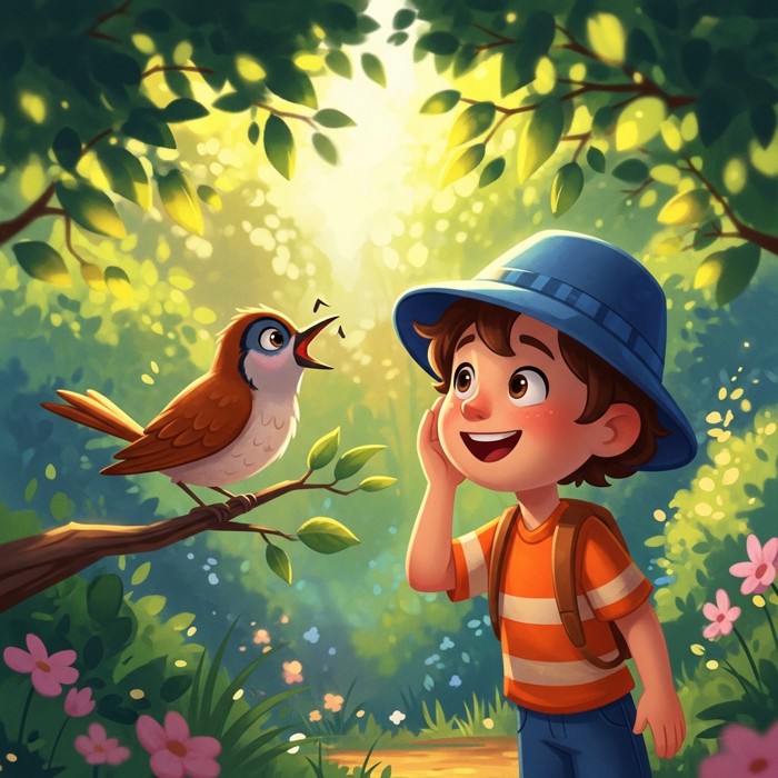 A cartoon child smiling while listening to a cheerful bird singing on a branch, sunny garden background.