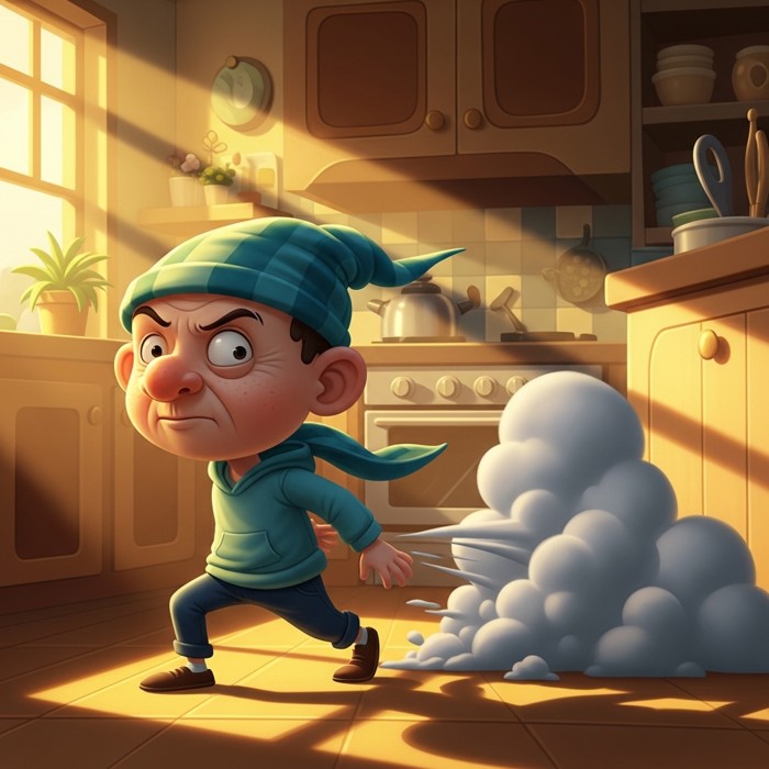 A cartoon child wrinkling their nose and stepping back from a smoking gray cloud, alert expression, kitchen background.