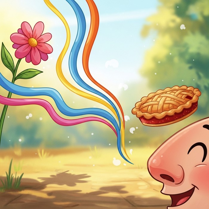 Colorful wavy scent lines floating through the air from a flower and a pie toward a cartoon nose, bright outdoor background.