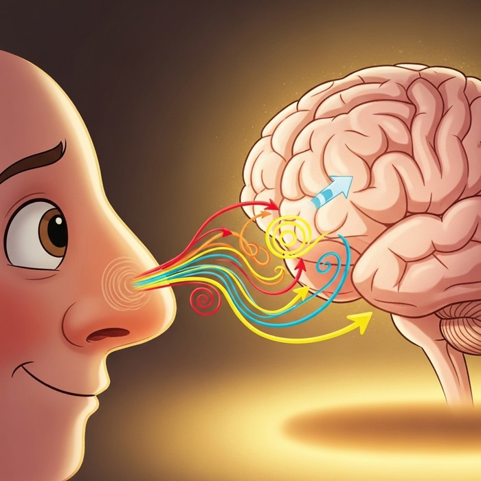 A cartoon brain lighting up as it reads a scent message sent from a cartoon nose, colorful diagram style.