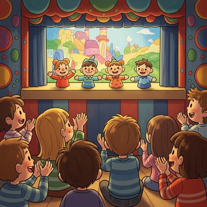 A group of cartoon children clapping happily at a puppet show, colorful stage background.